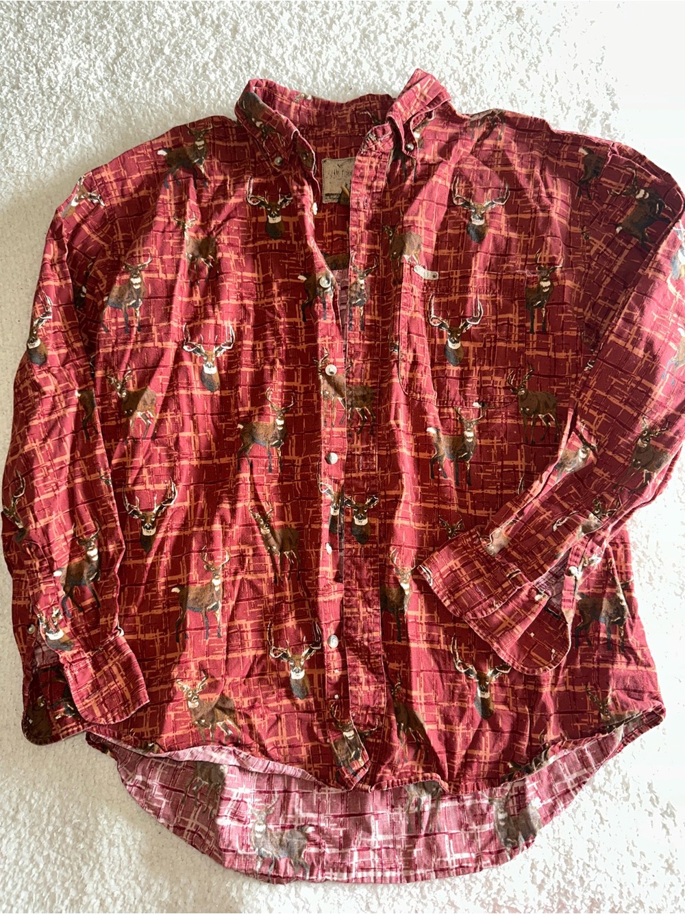 Classic Deer Print Button Down Hunting Shirt Red 100% Cotton XL